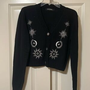 Disturbia black cropped long sleeve embroidered cardigan sweater, women’s large